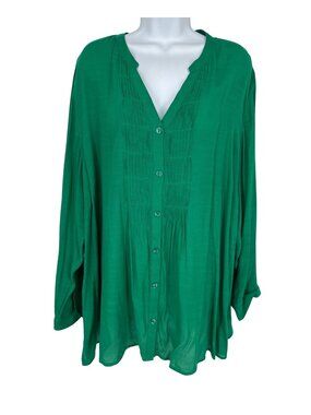 Catherines Green Long-Sleeve Button-Front Pintuck Details Split Hem Blouse Sz 1X